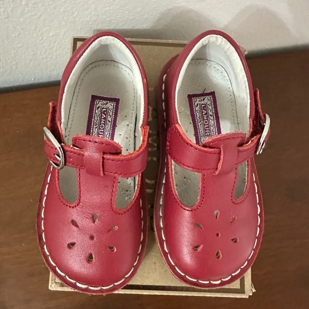 L'Amour Red Leather T-Strap Mary Jane Kids Shoes